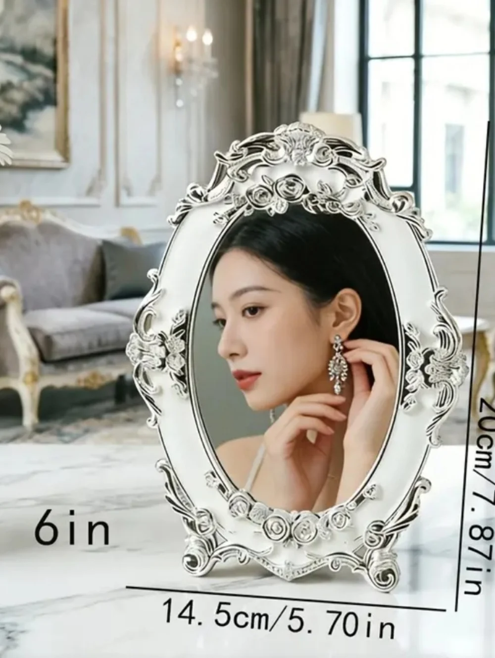 Ornate Silver Tone Oval Table Mirror